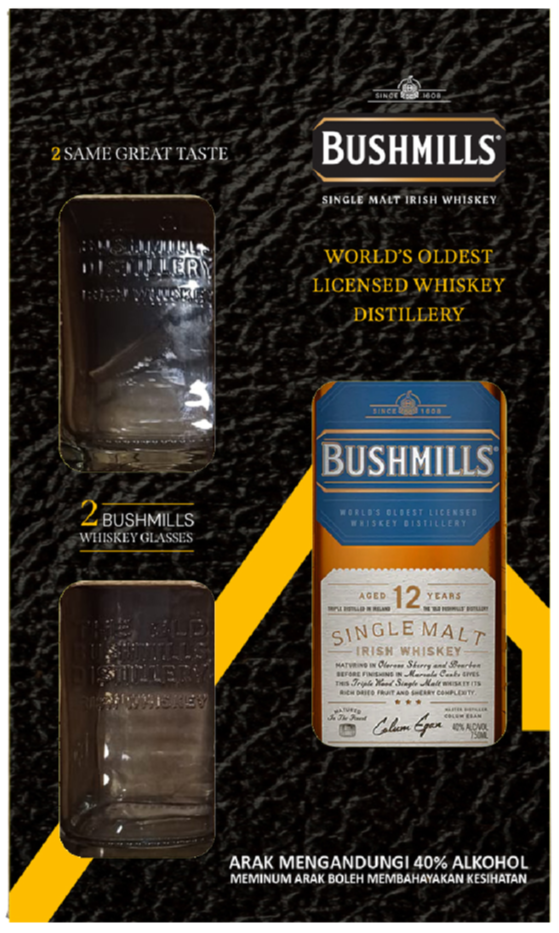 Bushmills 12YO Irish Whiskey 70cl + 2 Rock Glasses